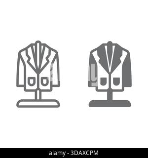 Veste sur la ligne de stand de cintre et icône solide, concept de service de blanchisserie. Graphiques vectoriels. Costume nettoyage à sec, signe de lavage de vêtements sur fond blanc, dehors Illustration de Vecteur
