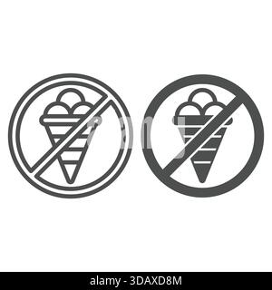 Ligne d'interdiction de nourriture de glace froide et icône solide, concept d'éléments interdits. Graphiques vectoriels. Boules de glace en cône gaufré interdit signe sur dos blanc Illustration de Vecteur