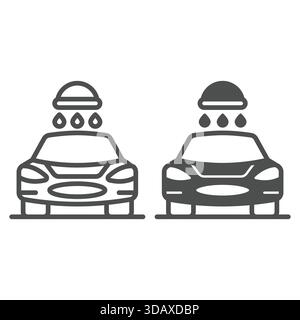 Ligne de voiture de lavage et icône solide, concept de service de voiture. Graphiques vectoriels. Automobile dans la douche, signe de nettoyage sur fond blanc, icône de style de contour pour Illustration de Vecteur