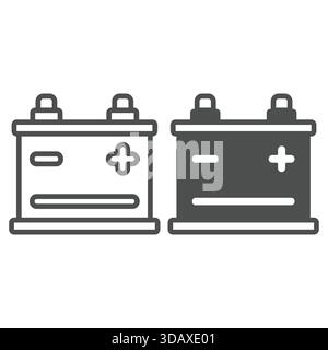 Ligne d'accumulateur d'énergie et icône solide, concept de service de voiture. Graphiques vectoriels. Conteneur de batterie avec plus et moins, signe d'électricité sur backgro blanc Illustration de Vecteur