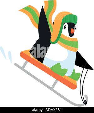 Un pingouin glisse sur une pente enneigée portant un chapeau vert et une écharpe Illustration de Vecteur