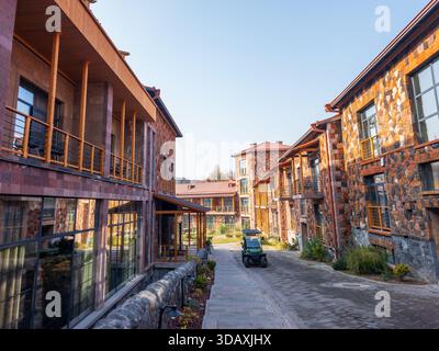 Erevan Arménie 12.5,2025. Une rangée de maisons avec une voiture garée dans la rue. Les maisons sont en pierre et ont une atmosphère rustique. La rue est bordée de W. Banque D'Images