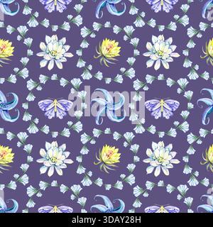 Illustration aquarelle délicate avec des fleurs de lune, des couronnes florales et des papillons. Motif botanique léger et aéré avec ambiance nocturne magique Banque D'Images