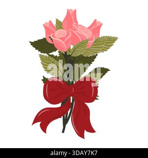 Un bouquet de roses rose clair avec un grand noeud rouge. Un ensemble de deux fleurs ouvertes et trois bourgeons. Illustration vectorielle sur un fond blanc. Illustration de Vecteur