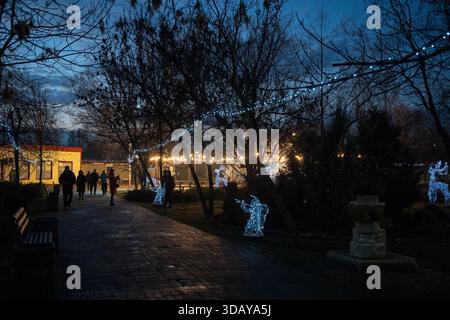 Mykolaivka, oblast de Donetsk, Ukraine. 12 décembre 2025. Des lumières et des installations de Noël sont vues dans le parc central de Sloviansk'''' un rappel brutal que même si la ville se trouve à moins de 20 km de la ligne de front, la vie continue au milieu de la menace. (Crédit image : © Tommaso Fumagalli/ZUMA Press Wire) USAGE ÉDITORIAL SEULEMENT ! Non destiné à UN USAGE commercial ! Banque D'Images