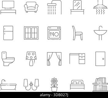 Mobilier de maison et intérieur Thin Line Icons Set. Symboles vectoriels pour les articles ménagers, la décoration intérieure, les appareils électroménagers et le design. Illustration de Vecteur