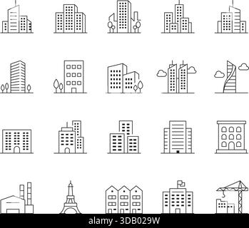 Jeu d'icônes de lignes fines pour le bâtiment et l'architecture. Symboles vectoriels pour le paysage urbain, les gratte-ciel, l'immobilier, la construction et les structures urbaines. Illustration de Vecteur