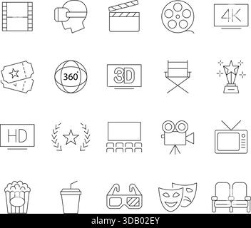 Icônes Cinéma. Collection de symboles de contour pour le film, le film, le divertissement, la production vidéo et la technologie de réalité virtuelle (VR). Illustration de Vecteur