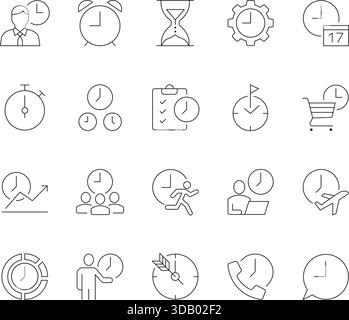 Icônes de ligne de gestion du temps définies. Recueil de symboles d'aperçu pour la productivité, la planification, les délais, le calendrier et l'efficacité commerciale. Illustration de Vecteur