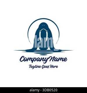 Vecteur de logo morse, icône d'animal marin arctique, illustration de silhouette de sceau, identité de marque de la faune océanique, conception plate simple bleue, moustache défenses gr Illustration de Vecteur