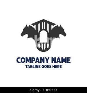 Logo stable de deux têtes de cheval, icône de propriété équestre, emblème de ferme gothique, identité de marque de pension de cheval Illustration de Vecteur