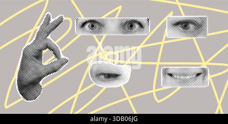 Collage demi-ton avec les lèvres et les yeux de la main. Parties abstraites de visage humain dans un style pop art pointillé. Concept de conception rétro vectorielle. Composition surréaliste moderne Illustration de Vecteur