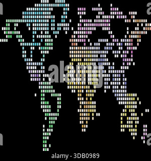 Illustration numérique pixelisée de carte du monde sur fond noir, avec une grille de carrés colorés représentant les continents et les océans. Illustration de Vecteur
