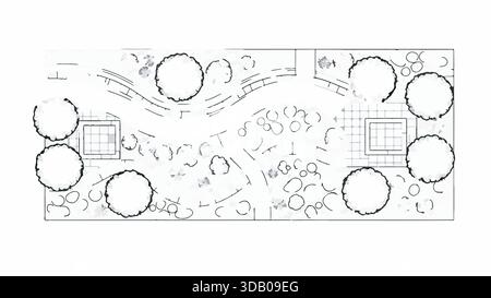Croquis de plan de paysage noir et blanc avec arbres, arbustes, allées et deux terrasses carrées sur fond blanc. Illustration de Vecteur