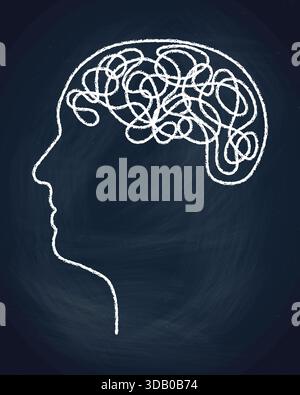 Dessin en ligne continue de la silhouette de la tête avec des griffonnages chaotiques à l'intérieur. Illustration de Vecteur