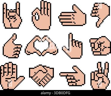 Jeu d'icônes rétro Pixel Art Hands 8 bits Illustration de Vecteur