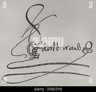 Pedro de Alvarado (1485-1541) Conquistador espagnol. Il participe à diverses expéditions sur le continent américain. Signature. Fac-similé. Amérique. Histoire de sa découverte des temps primitifs à l'époque moderne, écrit par Rodolfo Cronau. Volume II. publié à Barcelone, 1892. Banque D'Images