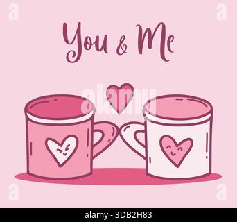 Cute Pink deux mugs avec coeur. Doodle dessiné à la main. Illustration vectorielle. Élément de design romantique pour la Saint-Valentin. Pas IA Illustration de Vecteur