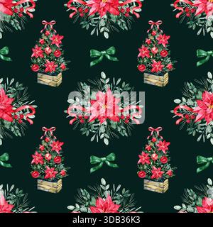 Motif de Noël aquarelle sans couture avec bouquets de poinsettia festifs, mini arbres décorés dans des boîtes en bois, ornements rouges et noeuds verts. A Banque D'Images