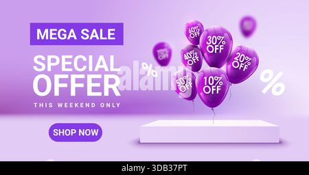 Promotion de réduction de vente offre e-commerce marketing bannière. Ballons symboles de pourcentage pourpre campagne publicitaire de détail de fond Illustration de Vecteur