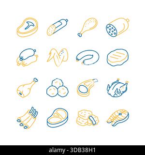 Collection de 16 icônes d'art minimalistes à lignes plates montrant des coupes de viande crue, de la volaille, des saucisses et des produits de viande préparés. Parfait pour les menus de restaurant ou Illustration de Vecteur