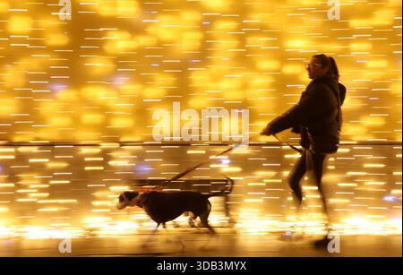Rome, Italie. 13 décembre 2025. Une femme promène son chien près de la Piazza del Popolo à Rome, Italie, le 13 décembre 2025. Crédit : Li Jing/Xinhua/Alamy Live News Banque D'Images