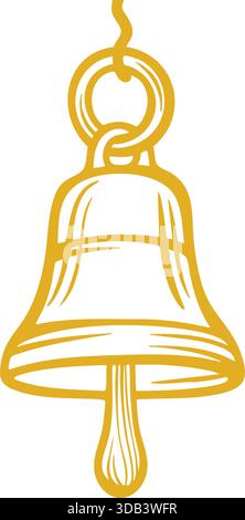 Une cloche dorée stylisée suspendue à une boucle représentée avec un ombrage chaud et des contours nets. Illustration de Vecteur