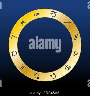 Roue du zodiaque doré, sur bleu, montrant 12 signes utilisés en astrologie horoscopique. Représentation visuelle des cieux. Banque D'Images