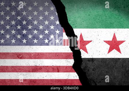 Drapeau des Etats-Unis et de la Syrie peint sur un mur de béton Banque D'Images