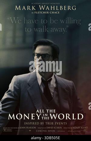 All the Money in the World (2017) réalisé par Ridley Scott et mettant en vedette Mark Wahlberg dans le rôle de Fletcher Chace. L'histoire de l'enlèvement de Jean Paul Getty III, 16 ans, et la tentative désespérée de sa mère dévouée de convaincre son grand-père milliardaire John Paul Getty de payer la rançon. Affiche de personnage AMÉRICAINE À USAGE ÉDITORIAL EXCLUSIF. Crédit : BFA / Sony Pictures release Banque D'Images