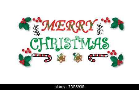 Joyeux Noël vecteur de typographie avec houx, cannes à bonbons et flocons de neige Illustration de Vecteur