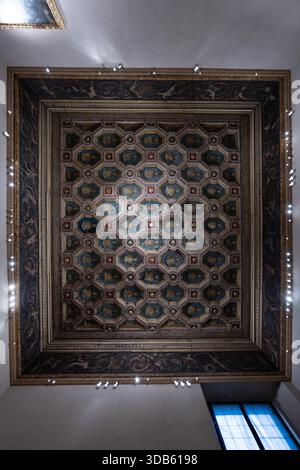 Mantoue, Italie - 25 juillet 2025 : plafond Renaissance orné à caissons avec cadres dorés et panneaux peints à l'intérieur du Palazzo Ducale, historique Gonzaga co Banque D'Images