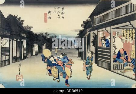 Utagawa Hiroshige Go Kanosho Higo Province des années 1850 imprimé sur bois paysage japonais rural atmosphère sereine. Illustration de Vecteur