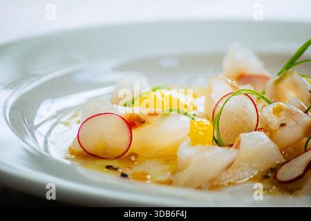 Le ceviche de poisson est habilement disposé sur une plaque circulaire en céramique avec des segments orange, des radis tranchés et de la ciboulette fraîche. Accent de grains de poivre noir. Banque D'Images