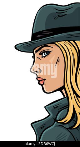 Détective agent secret féminin dans le chapeau, illustration de portrait de style comique Illustration de Vecteur