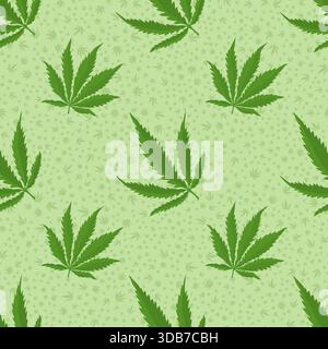 Modèle sans couture de vecteur avec de nombreuses petites feuilles de cannabis et de grandes feuilles lumineuses sur un fond vert clair, adapté au cbd, médical, emballage, textile, et l'utilisation de la marque. Illustration de Vecteur