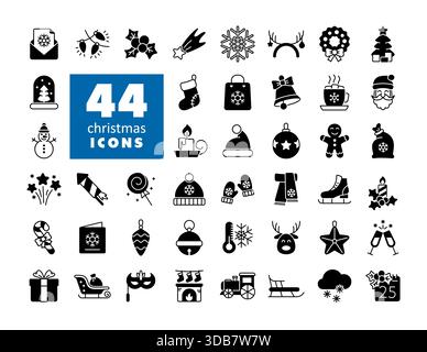 Vecteur d'ensemble d'icônes solides joyeux Noël. Panneau hiver. Symbole graphique pour l'événement et les vacances site Web et conception d'applications, logo, application, interface utilisateur Illustration de Vecteur