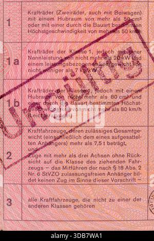 Gros plan d'une section de permis de conduire allemand indiquant les catégories de véhicules et un cachet non valide Banque D'Images