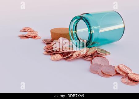 Illustration 3D d'un pot en verre turquoise couché sur son côté avec de nombreuses pièces de bitcoin en cuivre brillant se déversant sur une surface pastel douce. Banque D'Images