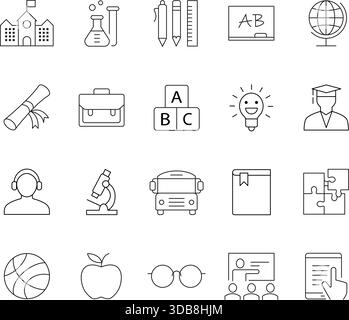 Jeu d'icônes de ligne d'enseignement : Collection de symboles d'école, d'université et d'apprentissage en ligne Illustration de Vecteur