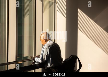 Vue arrière de l'homme chinois asiatique parcourant son téléphone, se prélasser du soleil du lever du soleil, intérieur du bureau avec des lignes dans l'ombre. Bel effet d'éclairage. Banque D'Images