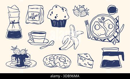 Petit déjeuner dessiné à la main icône doodle ensemble avec tasse à café, muffin de style crayon et crêpes, banane et fraises, œufs frits sur l'assiette. Collection de ligne de nourriture de café brunch pour la conception de menu ou de cuisine. Illustration de Vecteur