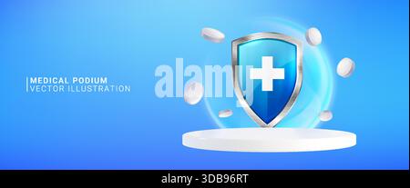 Scène podium 3D blanche avec croix médicale sur bouclier protecteur et pilules flottantes. Fond bleu avec symboles de soins de santé, icône d'hôpital et éléments de pharmacie sur la plate-forme pour la présentation du produit. Illustration de Vecteur