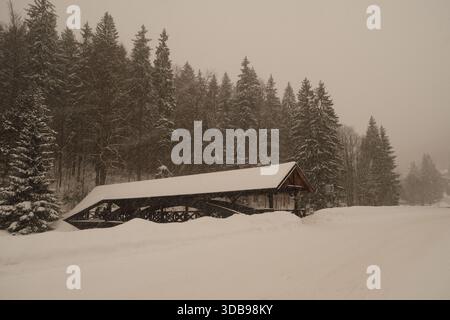 Une scène hivernale sereine avec un pont couvert historique enfoui dans la neige profonde, au milieu d'une forêt givrée. Banque D'Images