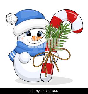 Bonhomme de neige de dessin animé mignon avec canne de bonbons de Noël. Illustration vectorielle du nouvel an sur fond blanc. Illustration de Vecteur