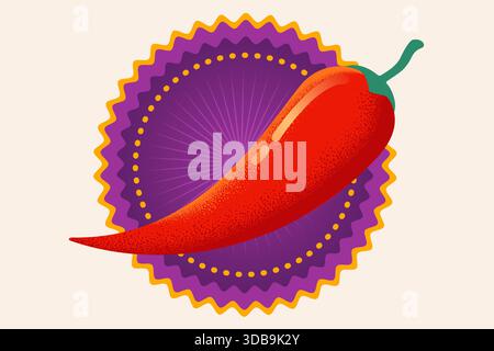 Le piment de vecteur dans le style rétro est sur la bannière violette. Emblème vintage vecteur avec piment rouge. Logo piment dans le style mexicain. Illustration de Vecteur