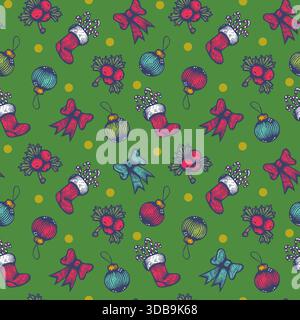 Motif de Noël sans couture vintage de vecteur. Motif vintage avec des symboles de Noël pour les vacances dans le style de gravure. Illustration de Vecteur