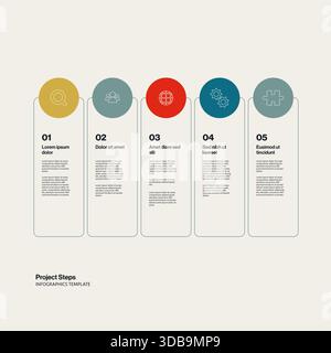 Modèle d'infographie de chronologie de projet en cinq étapes avec icônes et espaces réservés de texte diagramme de processus métier Illustration de Vecteur