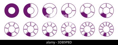 Rond de roue violet divisé diagrammes avec un, deux, trois, quatre, cinq, six, sept, huit, neuf, dix, onze, douze segments. Cercle division sur 1, 2 Illustration de Vecteur