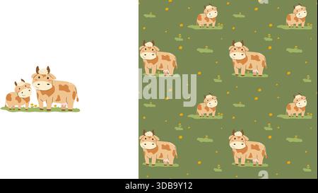 Joli imprimé vache et bébé animal avec ensemble de motifs sans couture. Animaux de ferme de dessins animés avec des fleurs et des champs. Illustration de Vecteur